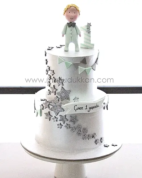 yildiz pasta – gümüş süslemeli 1 yaş erkek çocuk pastası