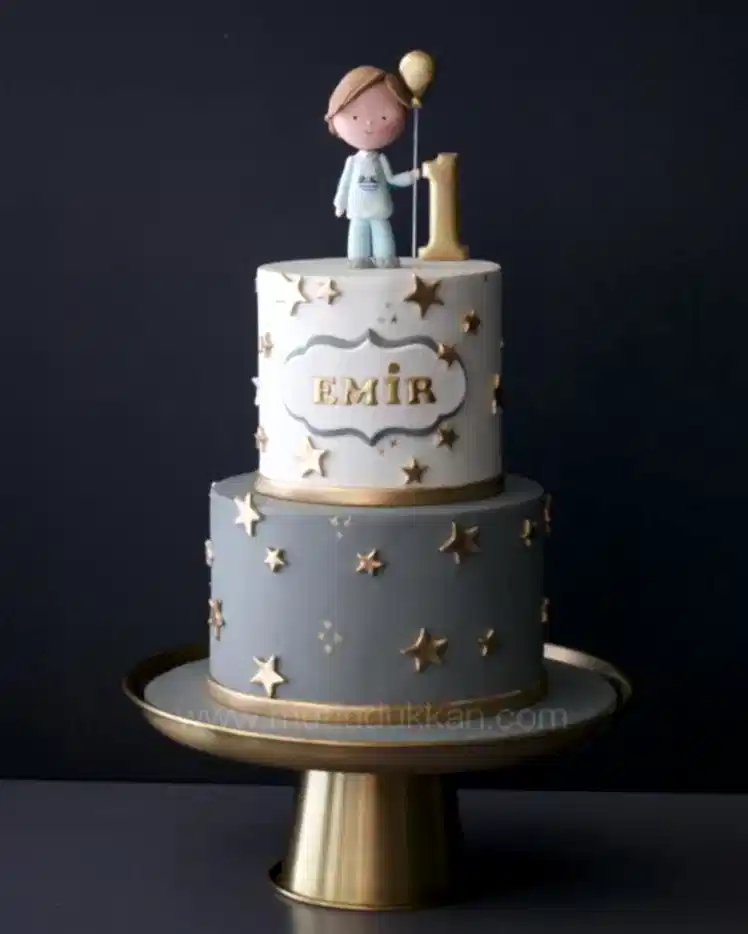 altın yıldız pasta – gri renkli 1 yaş erkek pastası