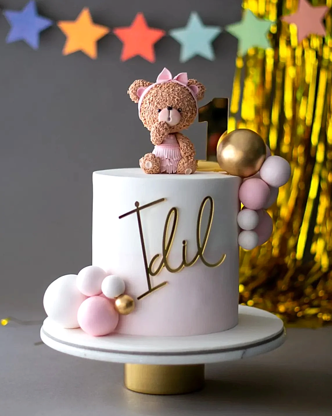 ayı pasta – pembe top süslemeli 1 yaş kız pastası