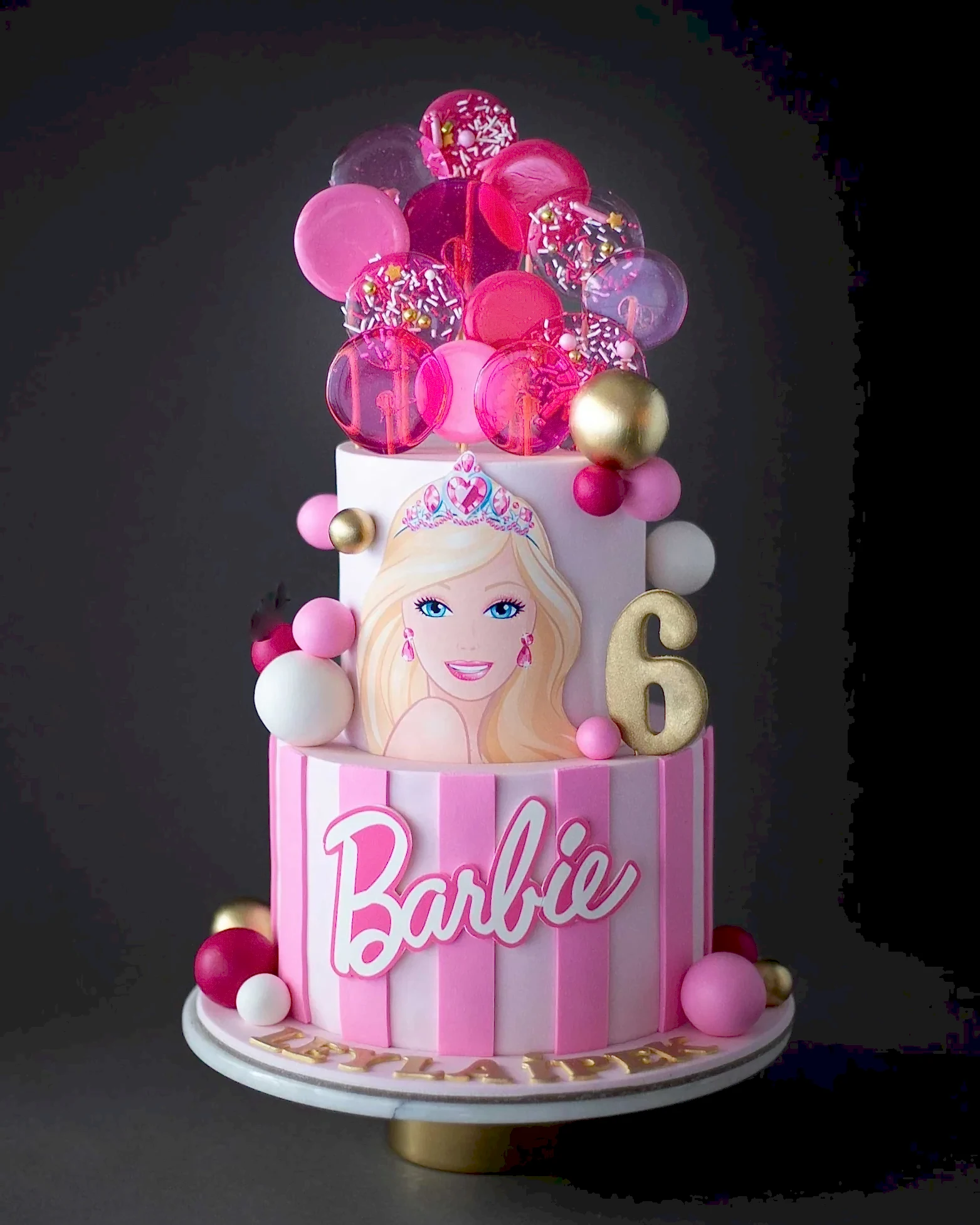 barbie pasta – pembe lolipop süslemeli kız pastası