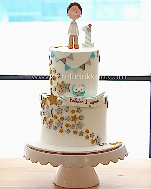 baykuş pasta – gümüş yıldızlı erkek çocuk 1 yaş pastası