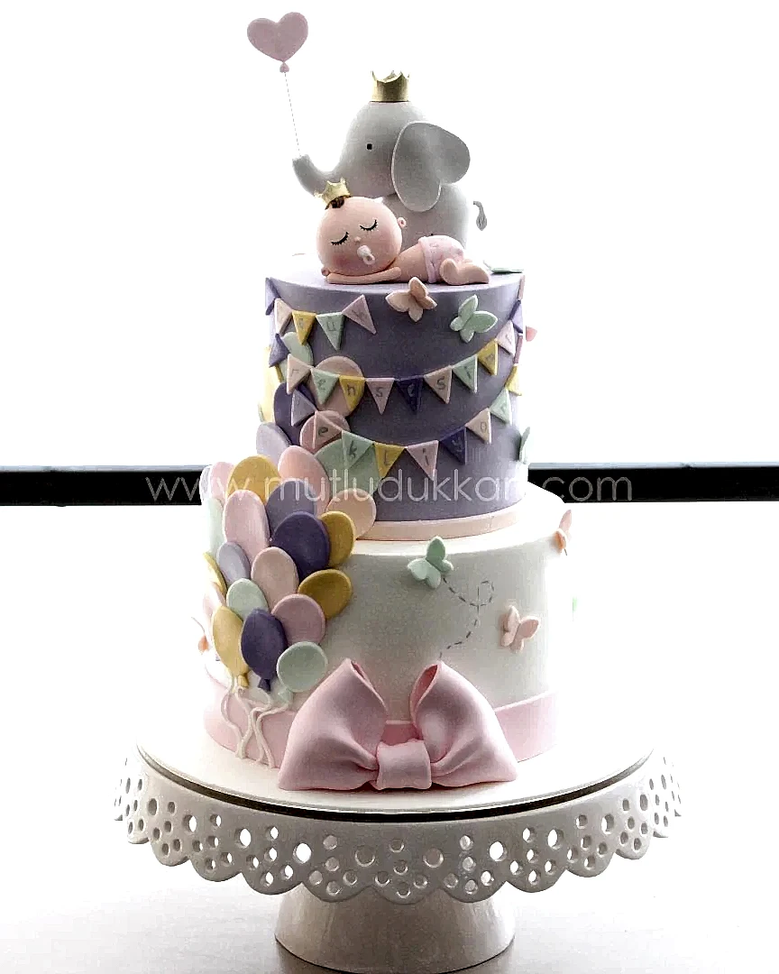 bebek doğum pasta – fil ve balon süslemeli kız pastası
