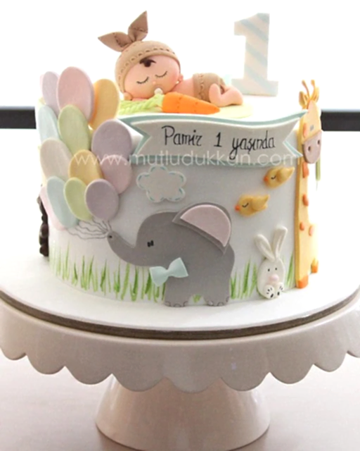 bebek pasta – hayvan süslemeli 1 yaş pastası