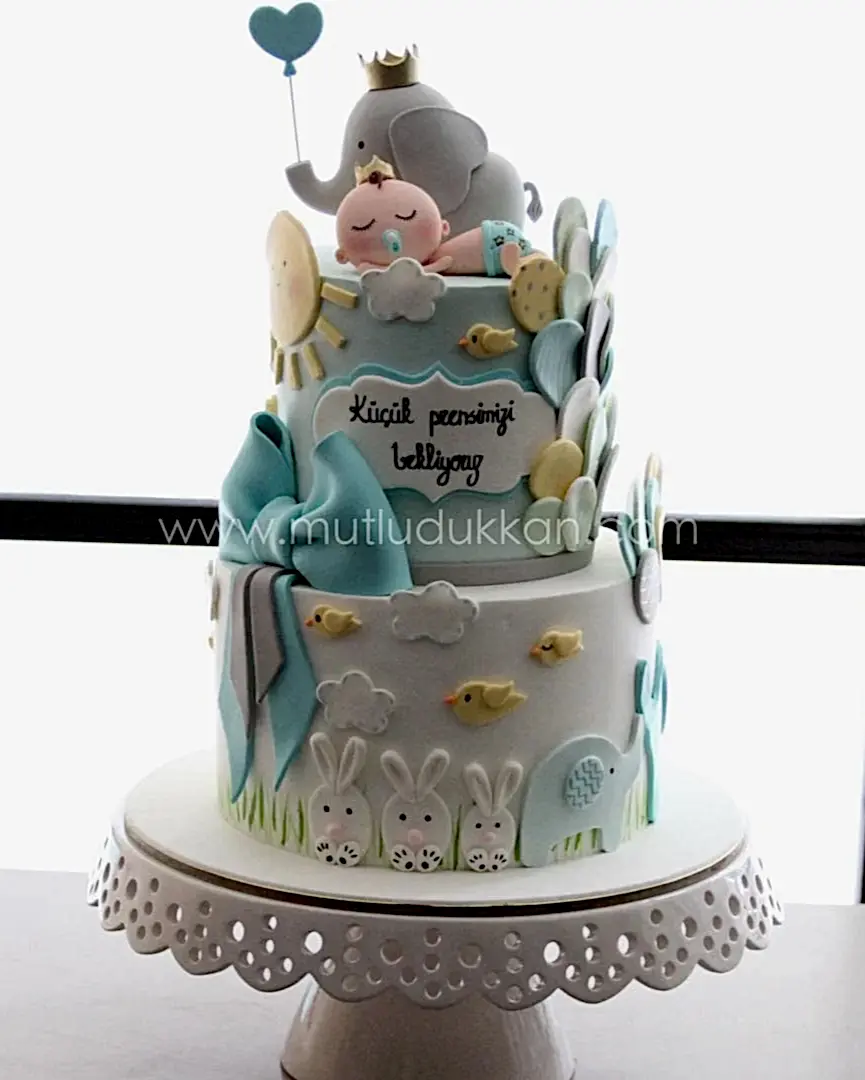 bebek pastası – fil süslemeli erkek baby shower pastası