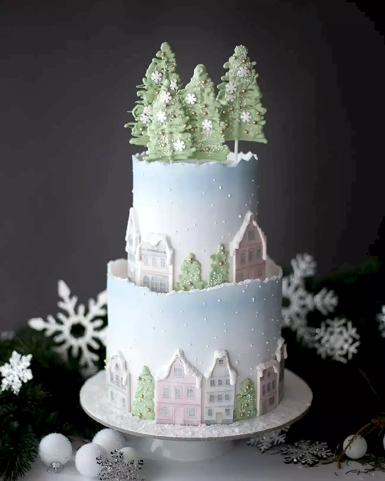kar ve kış pasta – karlı evler süslemeli yılbaşı pastası