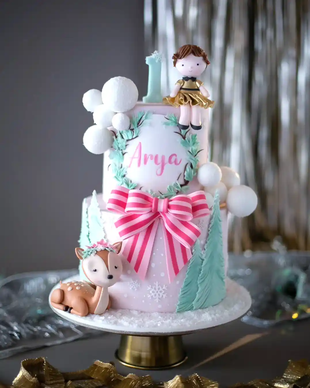 kar pasta – pembe kurdele ve kış temalı kız pastası