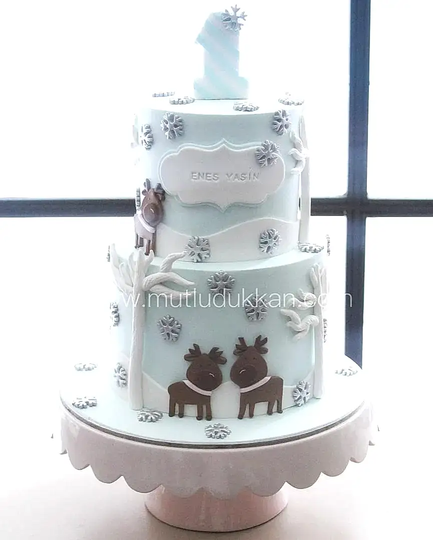 kış pasta – geyik süslü 1 yaş çocuk doğum günü pastası