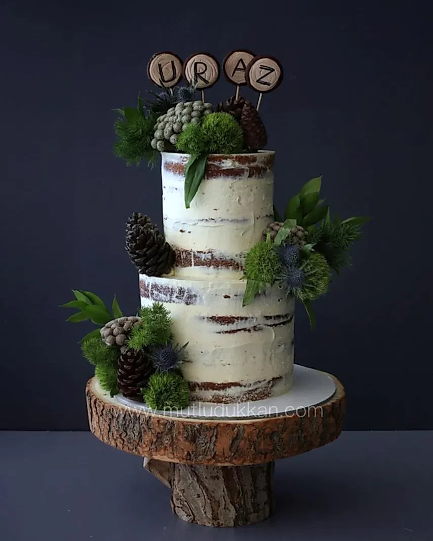 Kozalak ve Yeşillik Süslemeli Çocuk Pastası