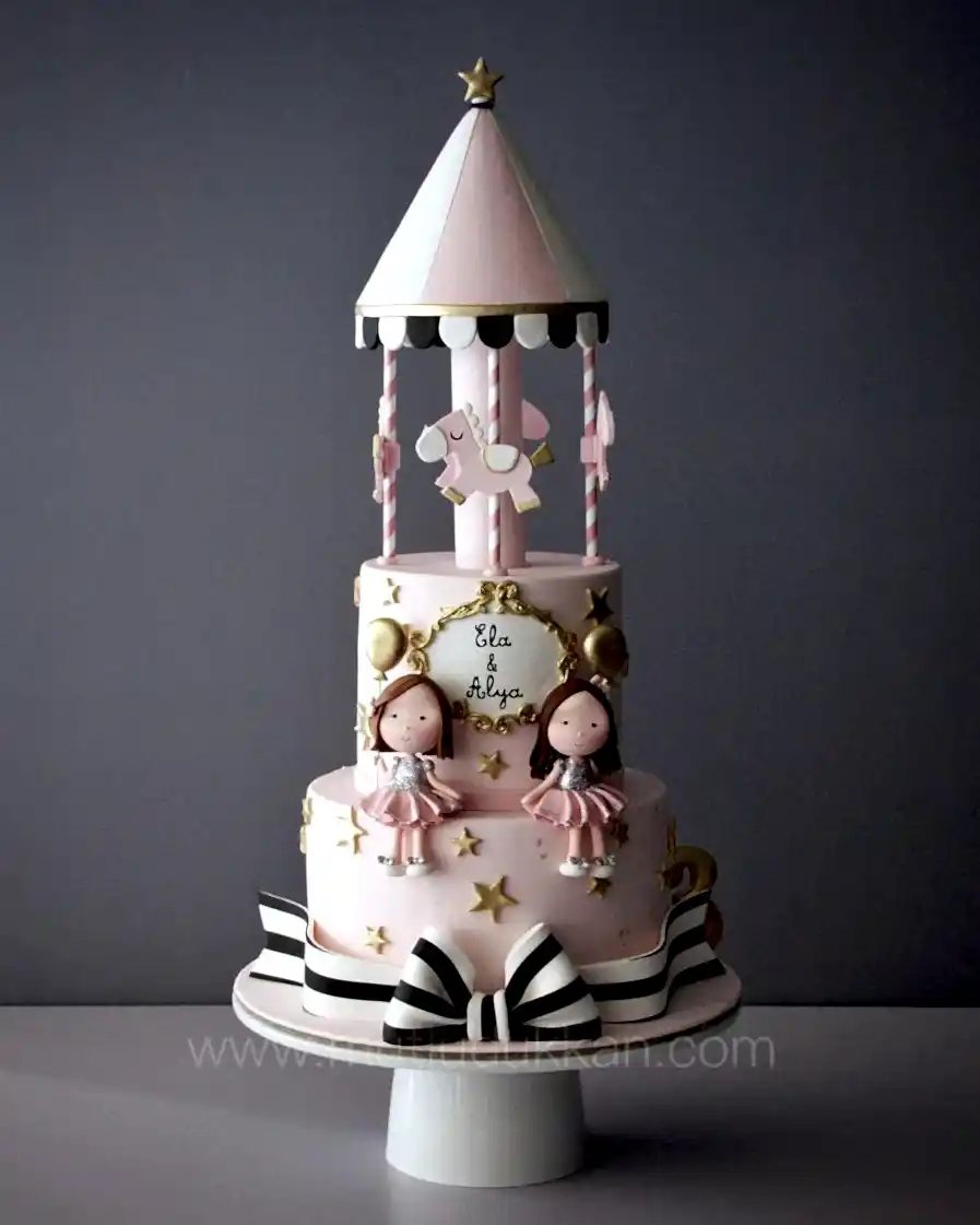 pembe atlı karınca pasta – ikiz kız doğum günü pastası