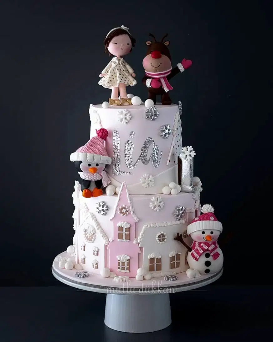 pembe kış pastası – geyik ve penguen temalı pasta