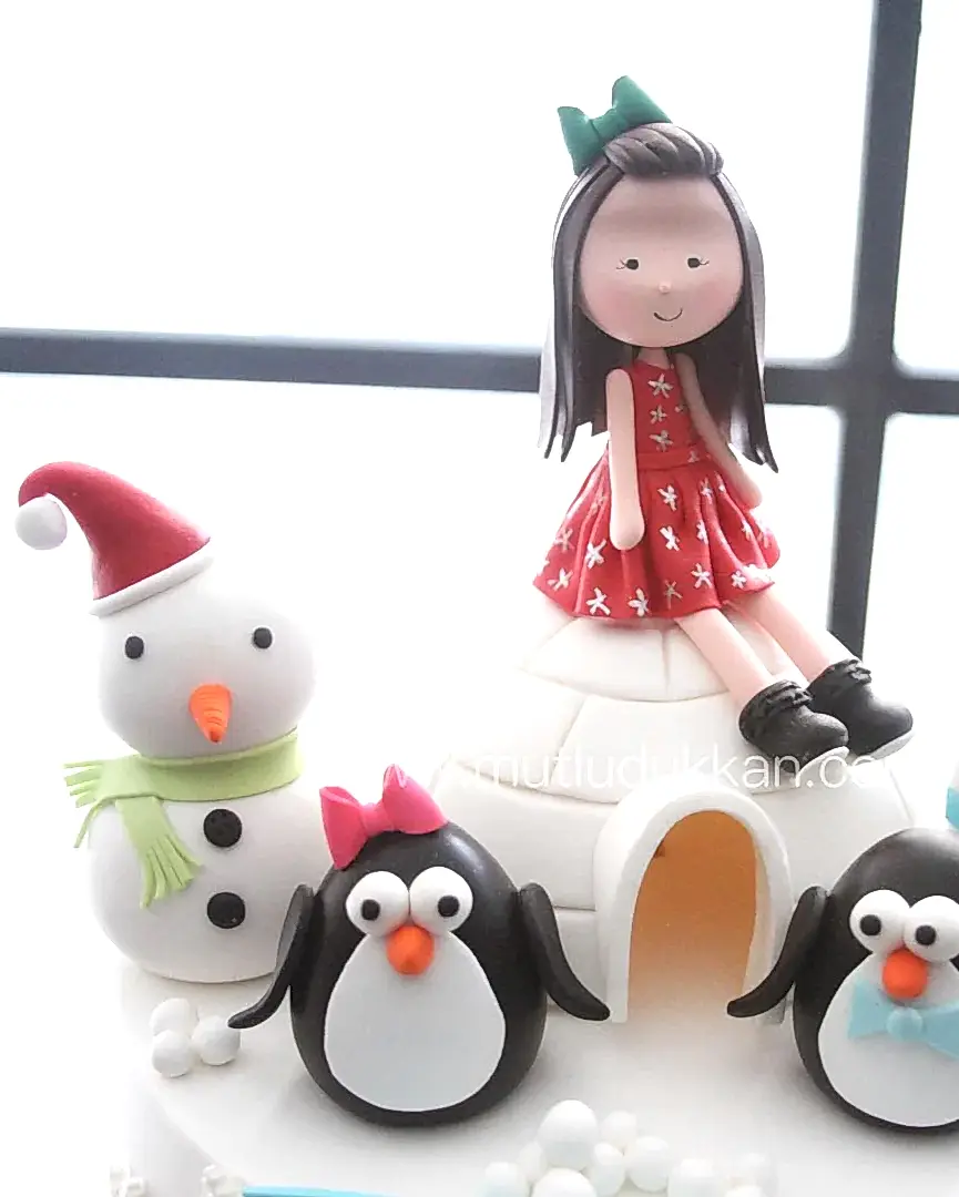 penguen kış pasta – iglo ve kar süslemeli kız pastası