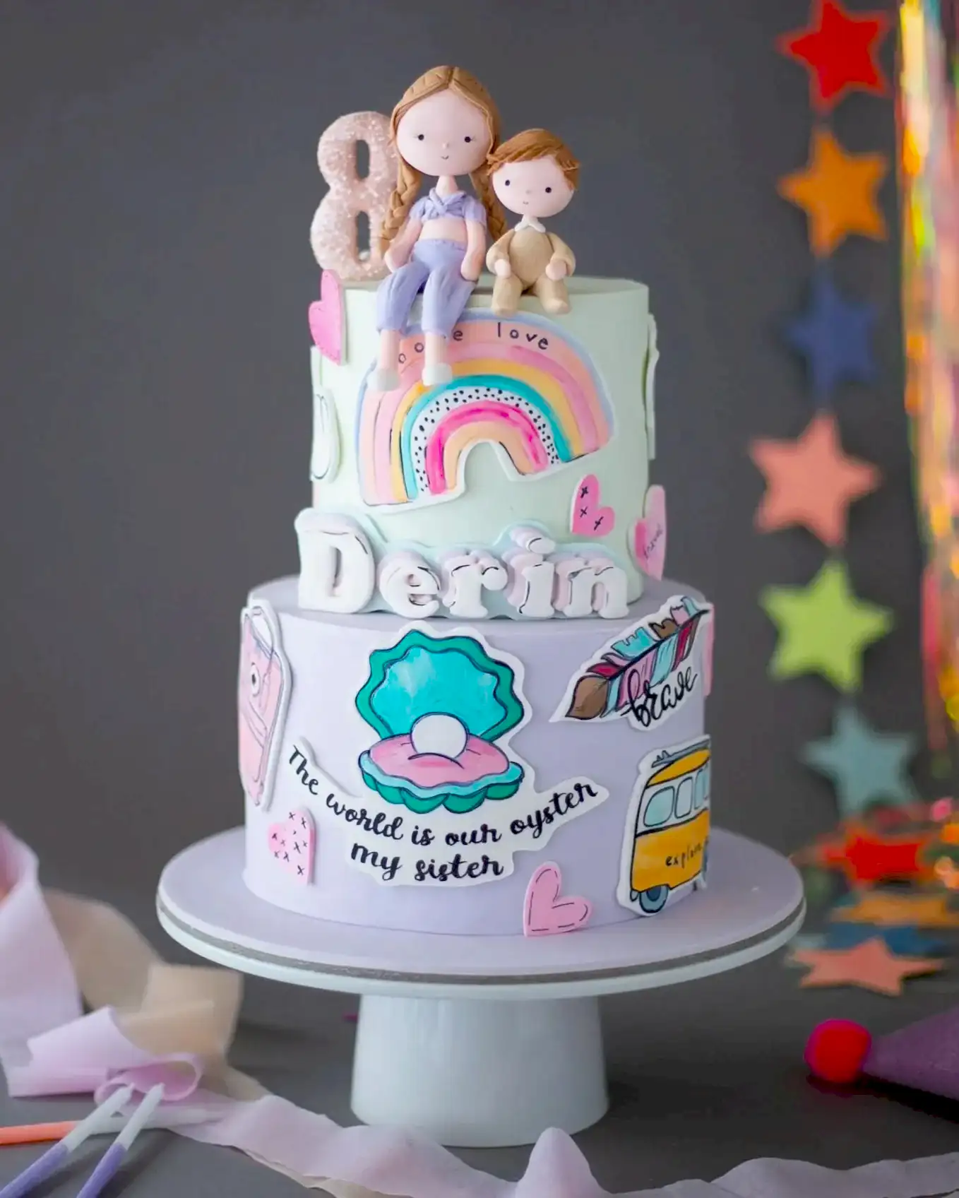 sevimli hippi pasta – hobi temalı renkli kız çocuk pastası