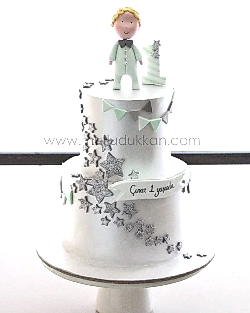 yildiz pasta – gümüş süslemeli 1 yaş erkek çocuk pastası